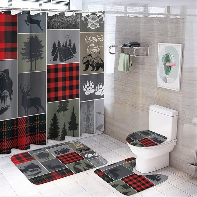Cabin Rustic Bear Deer Shower Curtain Sets with Rugs 4 Piece Accessories Bathroom Curtains Shower Set Include Shower Curtain Non-Slip Rug Toilet Lid Cover Bath Mat One Size