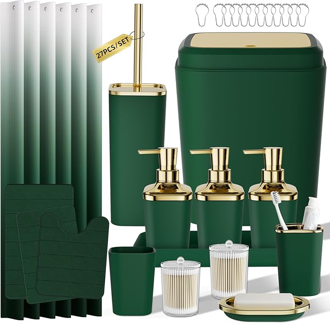 Bathroom Set - 27PC Bathroom Sets with Shower Curtain and Rugs, Green Bathroom Set, Green Bathroom Accessories Set with Push-lid Trash Can, Toilet Brush & Soap Dispensers