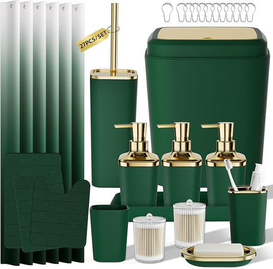Bathroom Set - 27PC Bathroom Sets with Shower Curtain and Rugs, Green Bathroom Set, Green Bathroom Accessories Set with Push-lid Trash Can, Toilet Brush & Soap Dispensers