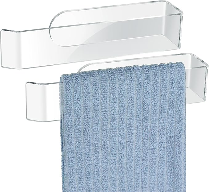 NiHome Wall Mount Clear Acrylic Hand Towel Racks 2-Pack for Towels, Accessories in Bathroom, Kitchen, Bedroom - Adhesive Towel Bar Hand Towel Holder, Versatile Transparent Design, Waterproof