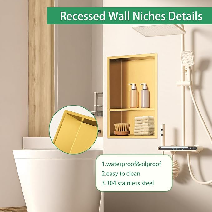 SaniteModar Shower Niche, Stainless Steel Shower Niche No Tile Needed, Recessed for Bathroom Storage (Brushed Gold, 18" x 12" Double)