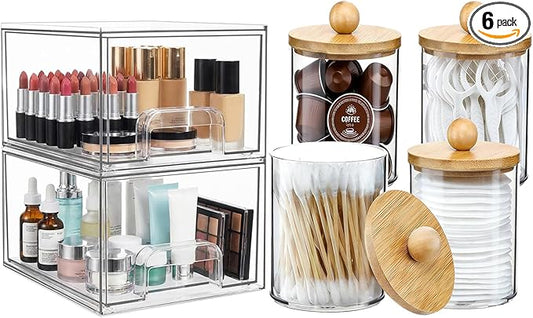 maytopia 6 Pack Clear Stackable Storage Drawers & Qtip Holder Dispenser with Bamboo Lids, Acrylic Drawer Containers Plastic Organizer Bins for Makeup, Bathroom, Cabinet, Undersink