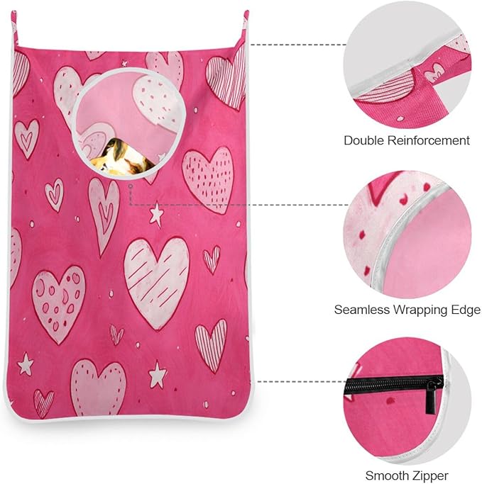 Hot Pink Hearts Stars Hanging Laundry Hamper Door Hampers Bag Basket with Stainless Steel Hooks Oxford Fabric Printing Decorative Clothes Bags 29.5X20inch 2Pack