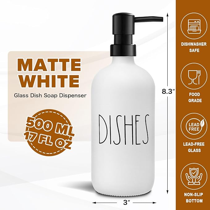 VIMERPA Dish Soap Dispenser, Matte White Soap Dispenser for Kitchen, Glass Dishes Soap Dispenser with Plastic Pump, 17 Fl Oz Refillable Liquid Soap Bottle Container, Farmhouse Kitchen Decor