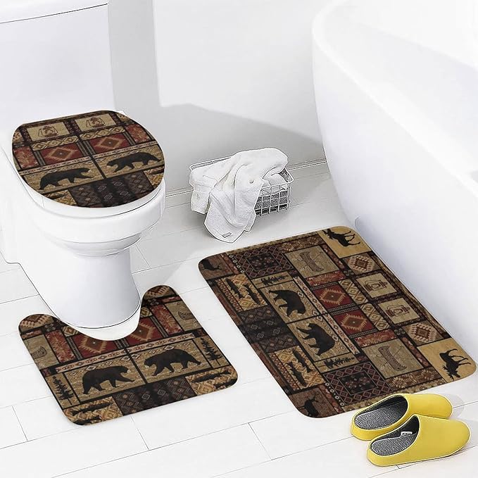 Rustic Bear Tribal 4 Piece Shower Curtain Sets, Non-Slip Rugs, Toilet Lid Cover and Bath Mat, Durable and Waterproof, for Bathroom Decor Set One Size