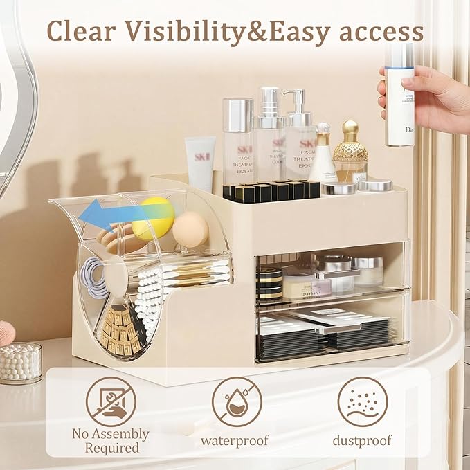 Makeup Organizer with Large Capacity,Stain-ResistantRotating Clear Compartment and 2 Drawers for Cosmetics and Skincare Storage – Vanity Countertop Organizer for Bathroom and Bedroom (All Cream)