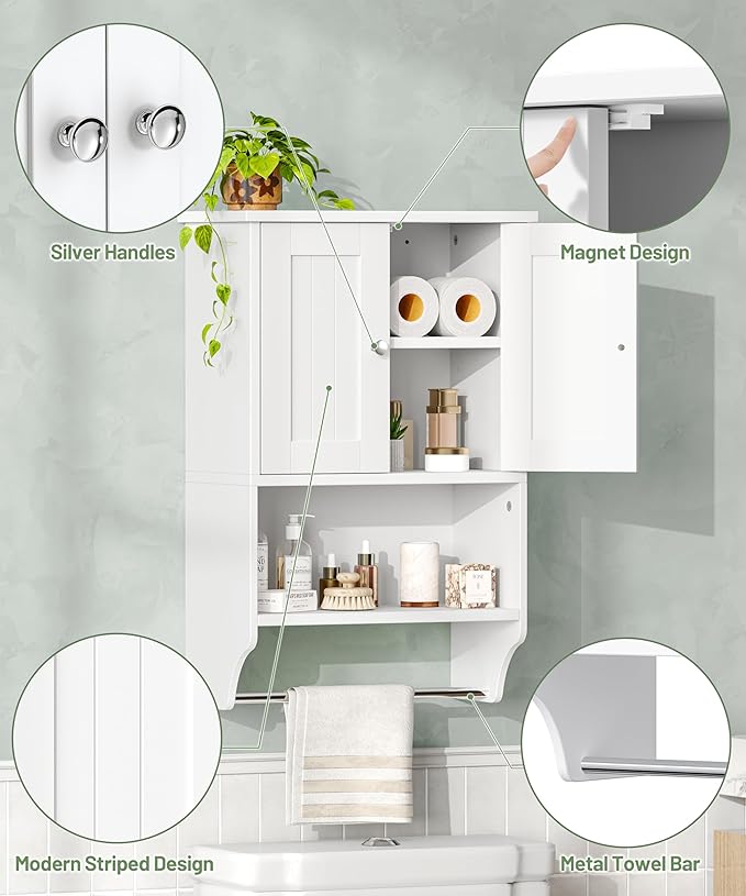 Keehusux Small Bathroom Wall Cabinet with Towel Bar and Adjustable Shelf, Modern Medicine Cabinet with 2 Lined Doors, Wooden Over the Toilet Storage Cabinet for Kitchen, Living Room, Entryway, White