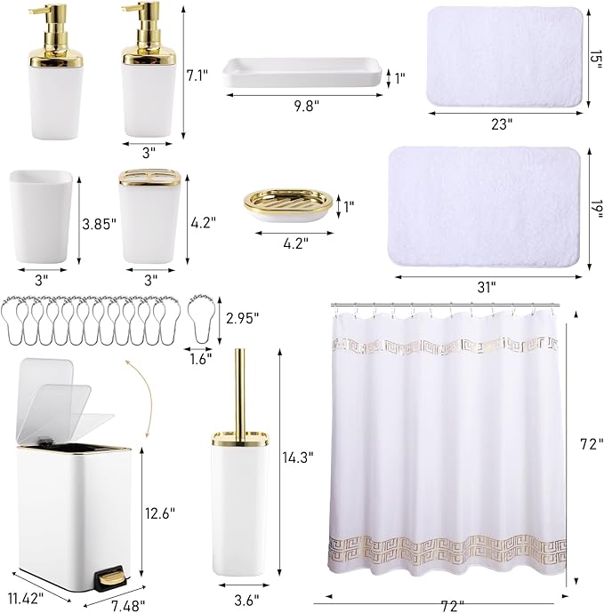 XLHOMO 11PCS Bathroom Sets with Shower Curtain and Rugs Bathroom Accessories Set White Bathroom Set,Soap Dispenser & Toilet Brush Holder Set with Stainless Steel Trash Can
