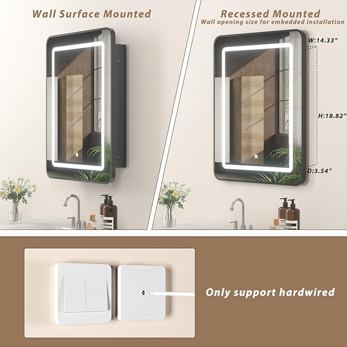 LOVMOR Led Medicine Cabinet with Mirror, Bathroom Vanity Mirror Cabinet with Shelves, 3-Color Lights Dimmer, Black 24" H x 16" W