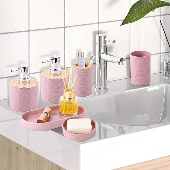 XLHOMO Pink Bathroom Set, Pink Bathroom Accessories Set with Trash Can, 2PCS Soap Dispensers, Soap Dish, Toothbrush Holder, Toothbrush Cup,Toilet Brush, Tray and Qtip Holders for Bathroom Decor
