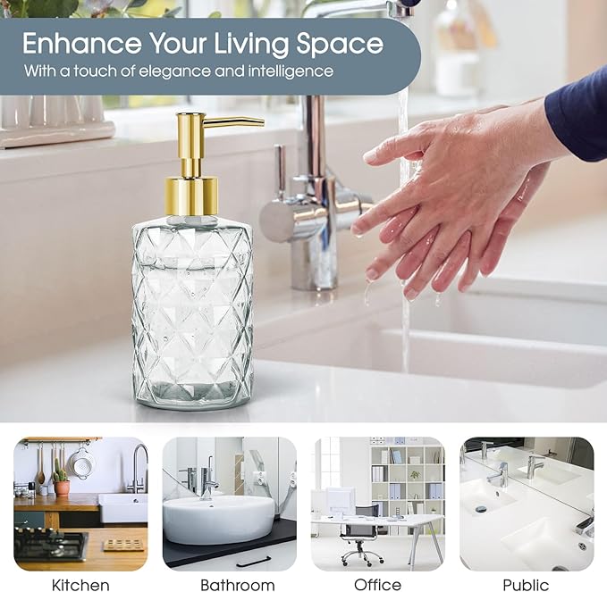 Topsky Glass Soap Dispenser with Plastic Pump,330ml Liquid Hand Soap Dispenser, Rustproof Pump for Kitchen & Bathroom,Great for Lotions,Essential Oil,Liquid Soaps Clear