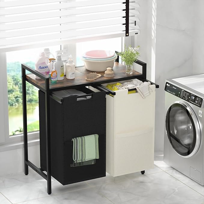 Huhote Double Compartment Laundry Basket, Laundry Sorter with Top Shelf, 2 Removable Washable Bags, Side Pockets, Black & White
