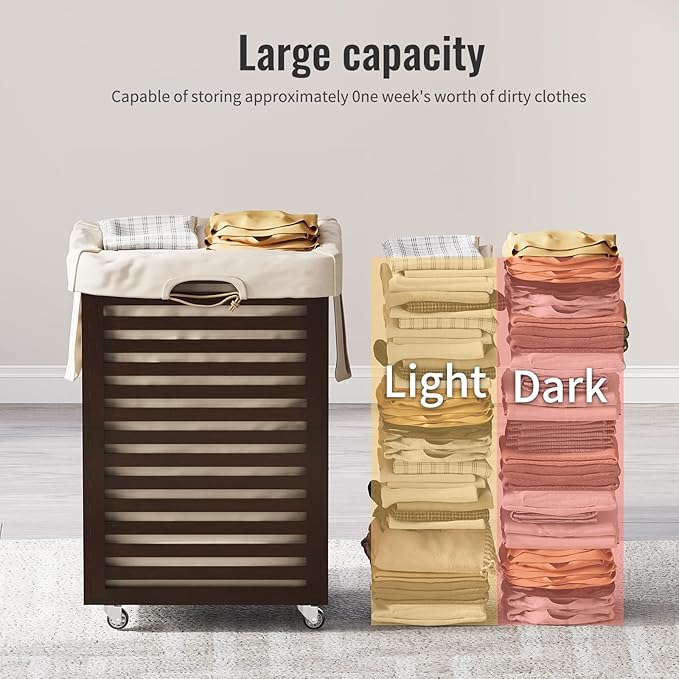 Laundry Hamper with Wheels,Rolling Laundry Basket with Removable Bag,Bamboo Clothes Hampers with Handles for Clothing, Bathroom, Bedroom, Laundry Room (Brown)