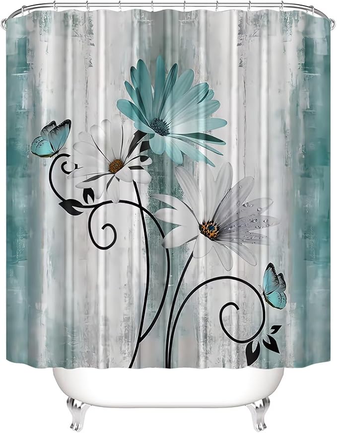 AZHM Rustic Farmhouse Shower Curtain Set 4pcs Farm Teal Daisy Floral Bathroom Decor Set with Shower Curtain and Rugs and Accessories
