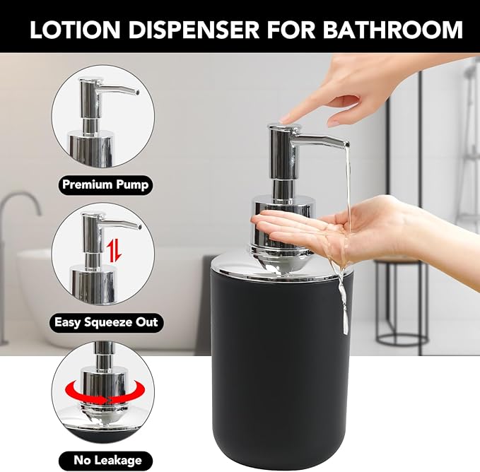 Matte Black Bathroom Accessories Set, 4 Piece Plastic Bathroom Toothbrush Holder Set, Include Soap Dispenser, Toothbrush Holder, Rinse Cup, Soap Dish, Boho Black Bathroom Decor for Home, Bathroom Set