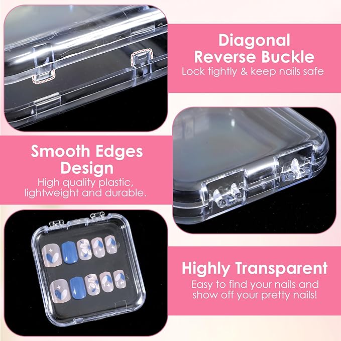 Kifmurase 40Pcs Press on Nail Storage Box with 30Pcs Adhesive Double Sided Tape, Acrylic Nail Display Box, Artificial False Nails Boxes, Clear Empty Plastic Nails Cases, Transparent Packaging Boxes