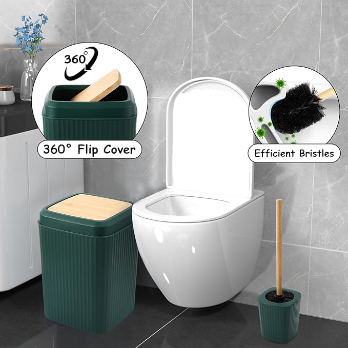 Bathroom Accessories Set, Farmhouse Home Decor, Green Shower Curtain with Snap in Fabric Liner and Hooks, Trash Can, Toilet Brush, Soap Dispenser, Toothbrush Holder, Tumbler, Soap Dish, Jars