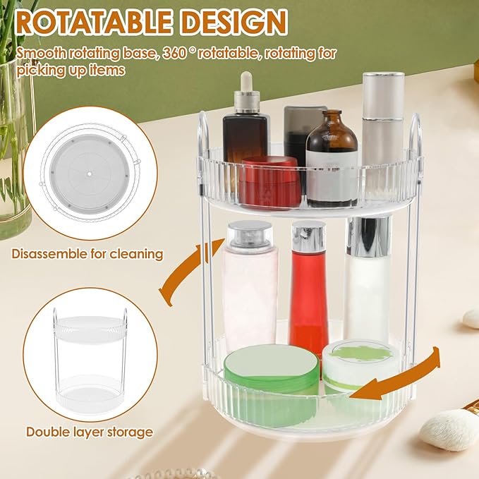 Rotating Makeup Organizer 360°Rotating Skincare Organizer Large Capacity Rotating Cosmetic Organizer 2 Layers Rotating Vanity Organizer Practical Rotating Dresser Organizer for Countertop (Clear 2PCS)