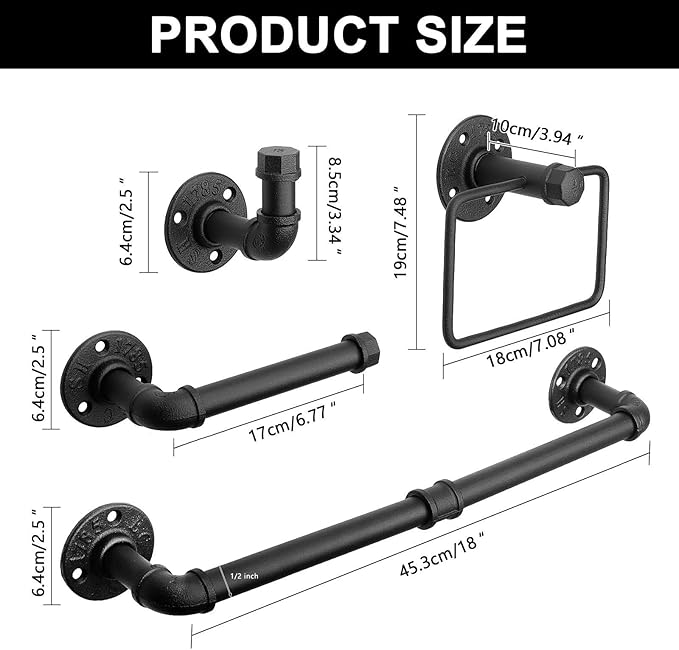 5-Pieces Industrial Pipe Bathroom Accessories Hardware Kit DIY Wall Mounted Includes Towel Bar Robe Hooks Toilet Paper Holder and Towel Ring (Black, 18 Inch)