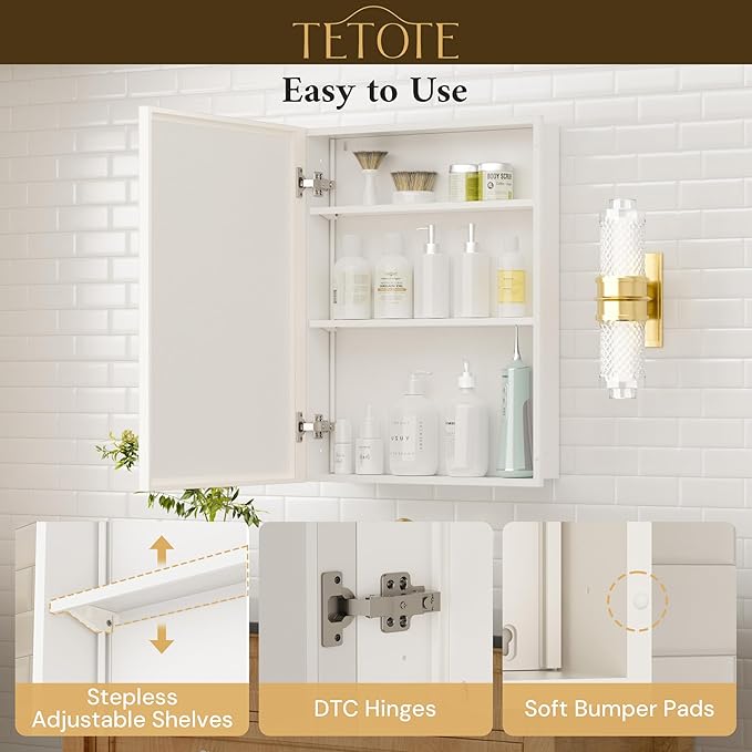 TETOTE White Medicine Cabinet 16" x 24" Bathroom Mirror with Storage Stepless Adjustable Shelves Beveled Aluminum Framed Modern Farmhouse Medicine Cabinets Recessed or Wall-Mounted