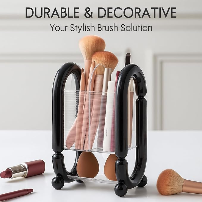 LemonRoad Makeup Brush Holder, Multi-Compartment Cosmetic Organizer Plastic Countertop Storage for Makeup Brushes, Powder Puffs, Eyeliners, Lip Glosses for Bathroom Vanity Bedroom Dresser(Black)