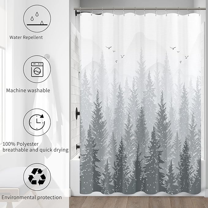 Hokibero Mountain Grey and White Shower Curtain Misty Forest Shower Curtain Nature Tree Plant Waffle Fabric Curtains for Bathroom Water Repellent Silver Gray, 72 x 72 inch