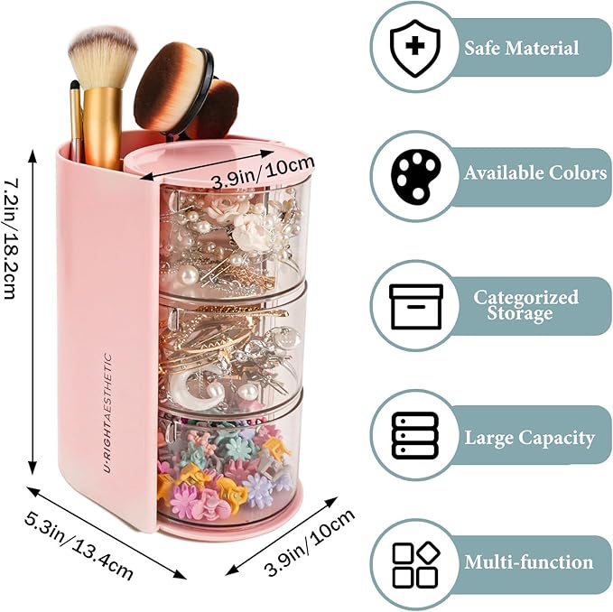 WCHOSOZH 3-Tier Clear Hair Accessories Organizer with Hair Brushes Holder, Rotatable Drawer Makeup Sponge Holder Desktop Organizer Case for Makeup Brush Lipsticks Q-tip Cotton Swab Stationery (Pink)