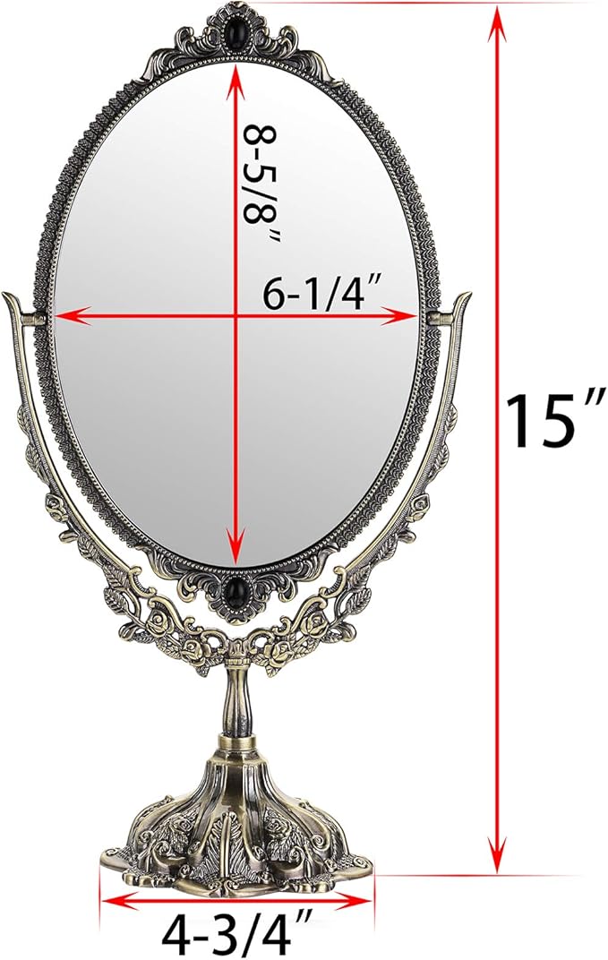 JUXYES Metal Tabletop Antique Decorative Makeup Mirror with Stand, Vintage Swivel Double Sided Cosmetic Mirror with Frame, Retro Desktop Oval Dressing Mirror for Bathroom Bedroom