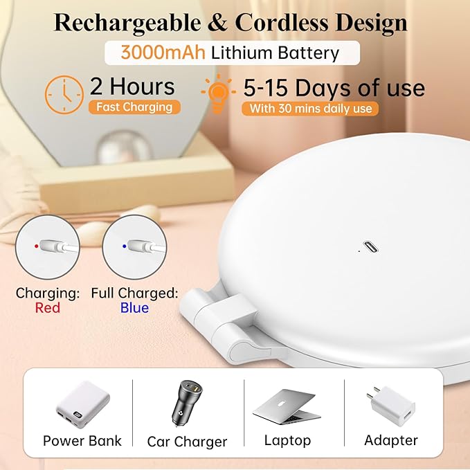 FUNTOUCH Rechargeable Travel Makeup Mirror 30X Magnification, 7" Lighted Portable Vanity Mirror with 3 Colors Lighting & Stepless Dimming, Double Sided LED Mirror, Gift for Women,White