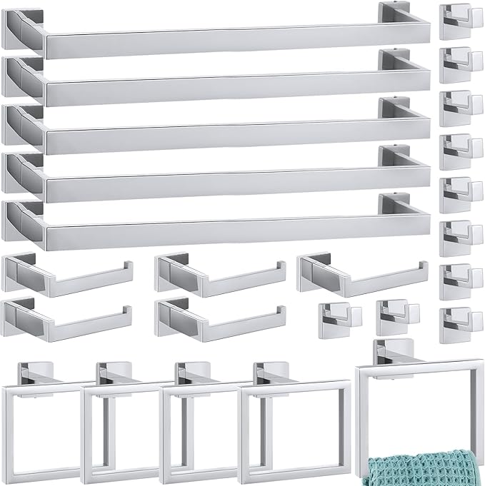 Gisafai 25 Pcs Silver Bathroom Hardware Accessories Set 23.6 Inch Bath Towel Bar Kit Stainless Steel Bathroom Hardware Set Towel Racks Ring Robe Hooks Paper Holder for Wall Mounted