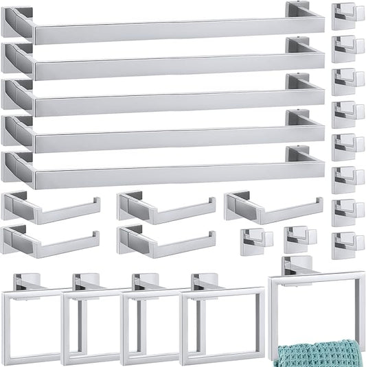 Gisafai 25 Pcs Silver Bathroom Hardware Accessories Set 23.6 Inch Bath Towel Bar Kit Stainless Steel Bathroom Hardware Set Towel Racks Ring Robe Hooks Paper Holder for Wall Mounted