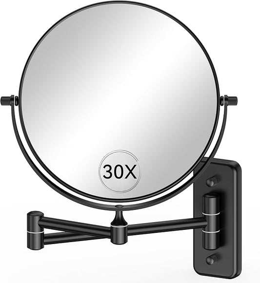 Auxmir 1X/30X Wall Mounted Makeup Mirror, Double Sided Magnifying Mirror with Tweezers, Bathroom Makeup Mirror, Cosmetic Vanity Mirror with 360 Rotation Extendable Swivel Arm, Black