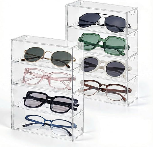 2PCS Sunglass Organizer Clear Acrylic Organizer, 9.65*6.89*2.56 Inch Plastic Stackable Eyeglass Case Storage Organizers with 4 Drawers, Glasses Organizers for Women for Glasses Jewelry Watch Storage