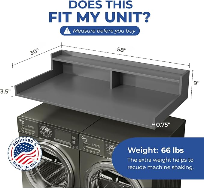 OfficeSimpli Large Washer Dryer Countertop with Shelf - 30 x 58 Inch - Made in USA Laundry Countertop Over Washer and Dryer with Non-Slip Pads, Storage Shelf, Laundry Topper Organizer, Grey