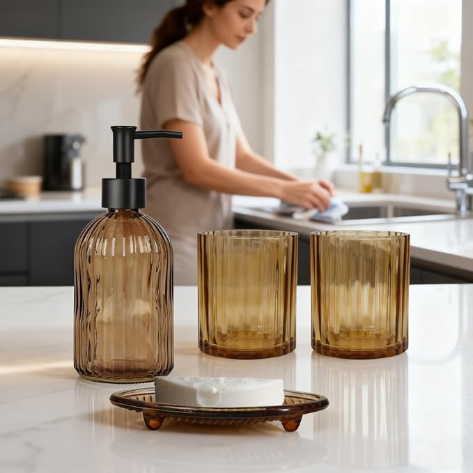 Glass Bathroom Accessories Set, 4Pcs Soap Dispenser Set Includes Soap Dispenser, Toothbrush Holder, Mouthwash Cup, Soap Dish for Home Decor, Countertop Vanity Organize (Brown)