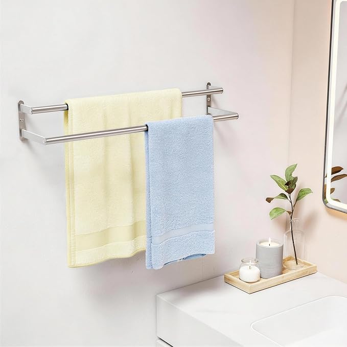 Double Towel Bar, 24Inch Towel Rack for Bathroom Wall Mounted, Stainless Steel Double Bath Towel Bar, Wall Towel Holder for Bathroom, Double Towel Rod Towel Hanger for Wall (Brushed Nickel)