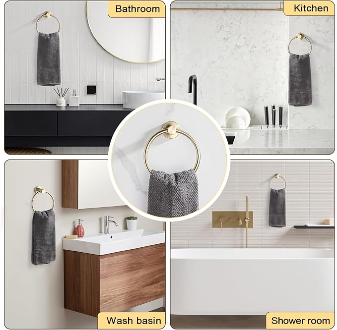 BGL 2-Pack Brushed Gold Towel Rings for Bathroom, 304 Stainless Steel Wall Mount Towel Holder Set, Rustproof Bath & Kitchen Accessories with Modern Matte Finish