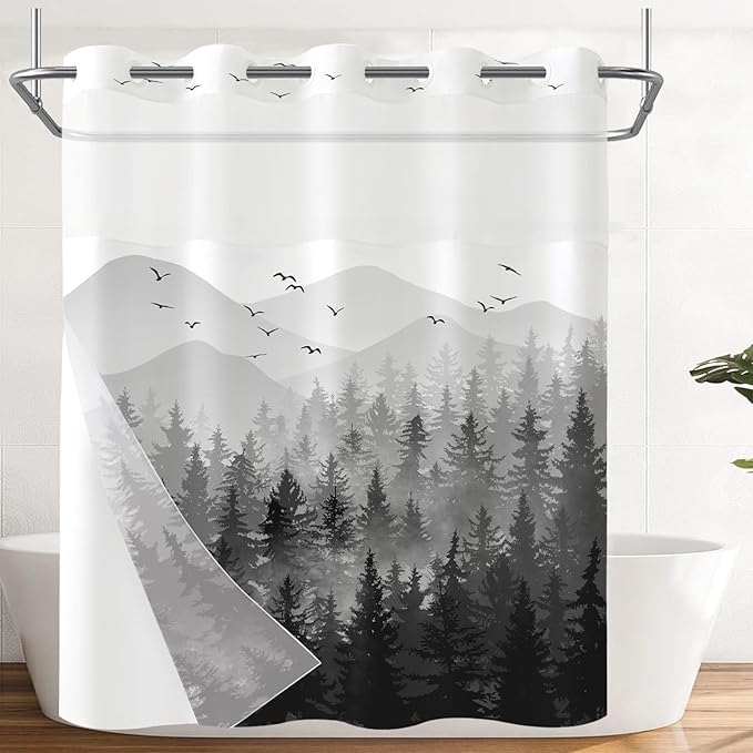 Accnicc No Hook Shower Curtain with Snap in Liner Black Gray Misty Forest Hookless Shower Curtains for Bathroom Foggy Nature Pine Tree Mountain Woodland Waterproof Fabric Bath Curtain Decor 71×74In