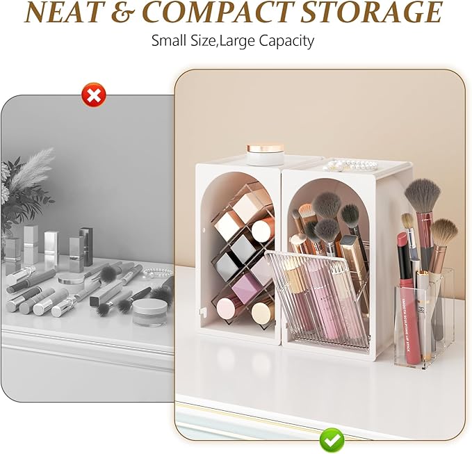 FOLLOWIN Compact Makeup Organizer for Vanity,Lipstick Holder with Grid & Makeup Brush Organizer with Flip Drawer,Cosmetic Organizer Set for Cosmetics,Brushes,Lipsticks,Milk White & Clear
