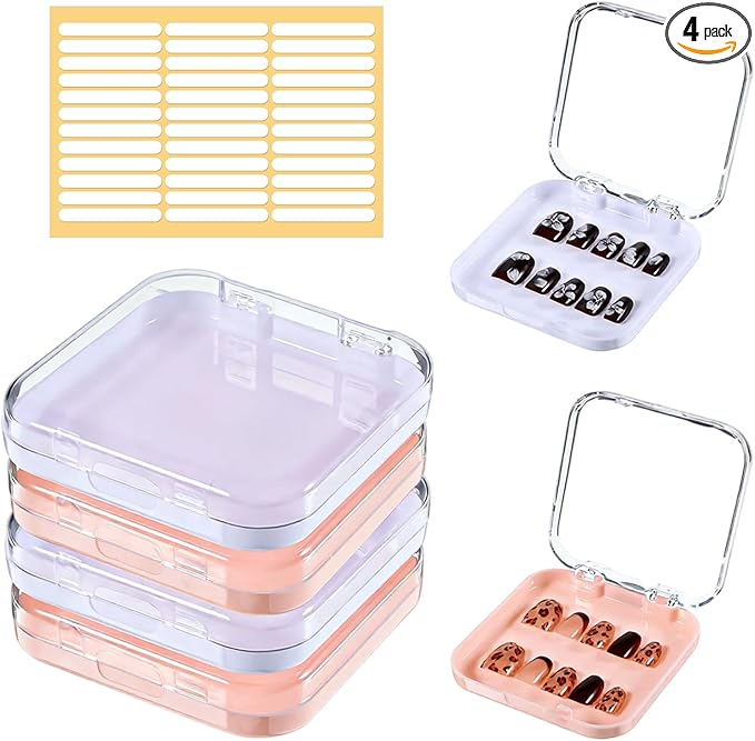 4 Pcs Press on Nail Storage Box with 36 Pcs Adhesive Double Sided Tape, Acrylic Nail Art Display Case, Transparent Storage Organizer for Fake Nails, Nails Salon Business Home Art Supplies
