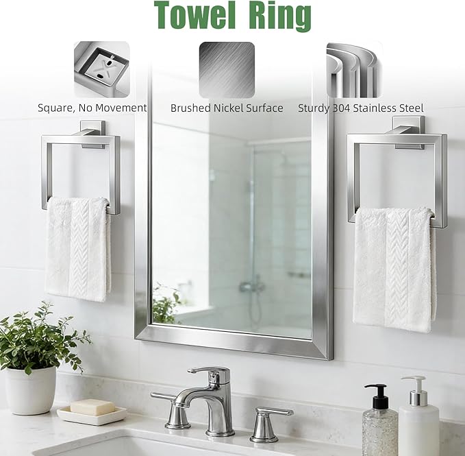 Brushed Nickel Bathroom Accessories 6-Piece, Stainless Steel Classic Bathroom Hardware Set, 16" Towel Bar, Toilet Paper Holder with Shelf, 2 Towel Rings & 2 Hooks, Wall Mounted for Bathroom Apartment