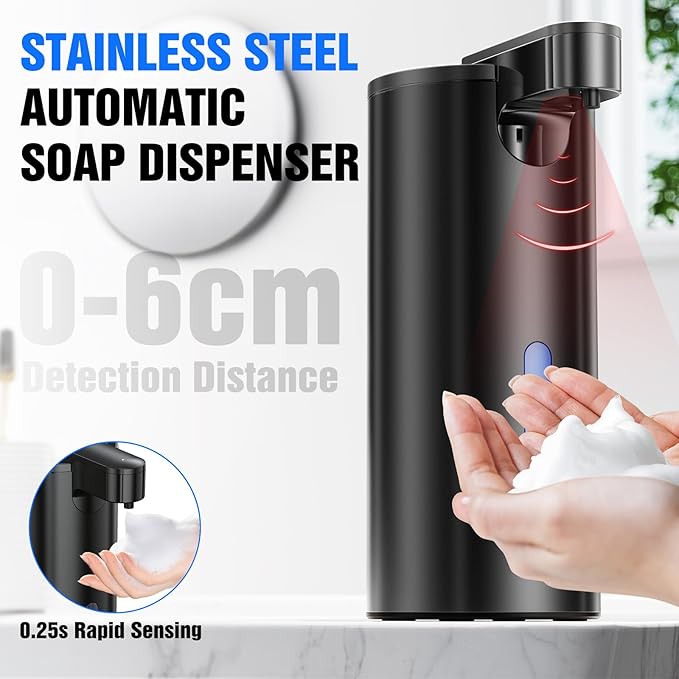Automatic Foaming Soap Dispenser Touchless, Stainless Steel 11.5 oz 3 Levels Adjustable Hand Soap Dispenser with Rechargeable Sensor Pump for Kitchen & Bathroom Liquid Soap,Black