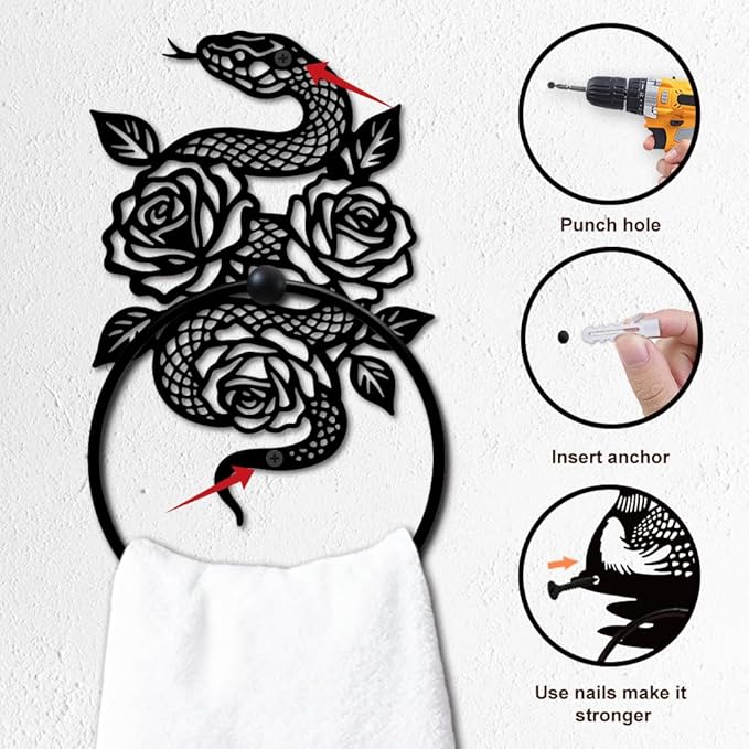 MAYJOYDIY Snake Metal Towel Ring Round Snake Flower Hand Towel Holder Ring Hanger Black Vintage Towels Wall Organizer for Kitchen Bath Home Laundry Room Decors Gifts