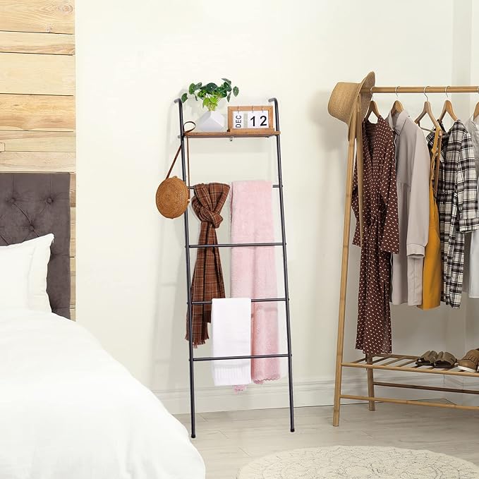 Blanket Ladder 5 Layer Wall-Leaning Blanket Rack with Shelf Decorative Blanket Ladder Shelf Metal Leaning Towel Ladder Rack for Blankets or Quilts for Living Room Bathroom Rustic Black