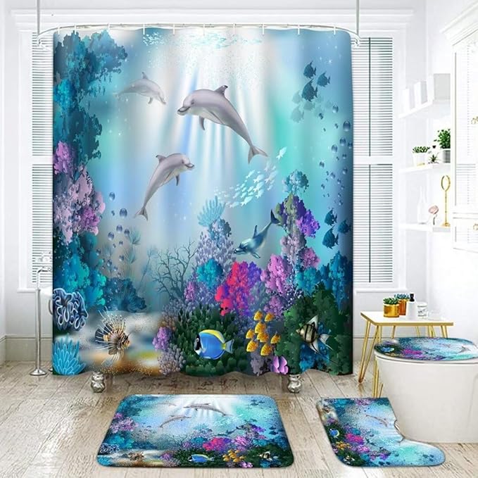 Yizheer 4Pcs Sea Dolphin Coral Bathroom Shower Curtain Set with 12 Hooks Bath Mat Toilet Cover U Shaped Mat- PEVA Material, 72x72 Inches, Bathroom Decor Curtain Liner for Bathtub (Blue)