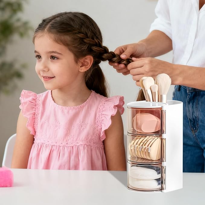 Pink Hair Accessories Organizer & Hair Brush Holder, Rotating Hair Tie Product Organizer for Girls, 2-Tier Makeup Brush Holder for Clips, Small Jewelry Box for Clip Earring Necklaces Bows & Brushes