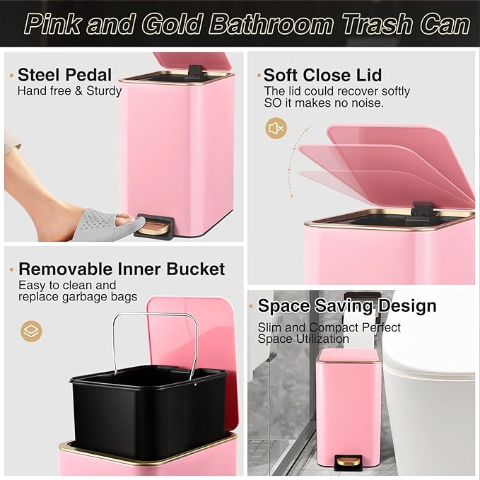 XLHOMO Bathroom Sets with Shower Curtain and Rugs Bathroom Accessories Set Pink Bathroom Set,Shower Curtain Set with Stainless Steel Trash Can