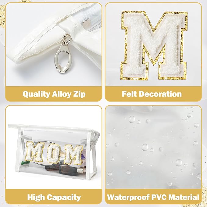 CY2SIDE MOM Clear Makeup Bag - White MOM Letter Patch Cosmetic Bag with Handle for Travel PVC Zipper Clear Travel Bag for Toiletries Waterproof Portable Travel Organizer Case Mother's Day Gift for Mom