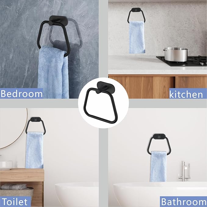 Self-Adhesive Towel Ring, Bathroom Hardware Accessories, 304 Stainless Steel Hand Towel Holder for Bathroom and Kitchen, Ladder Towel Hook, No Drill Installation Wall Mount (Black)