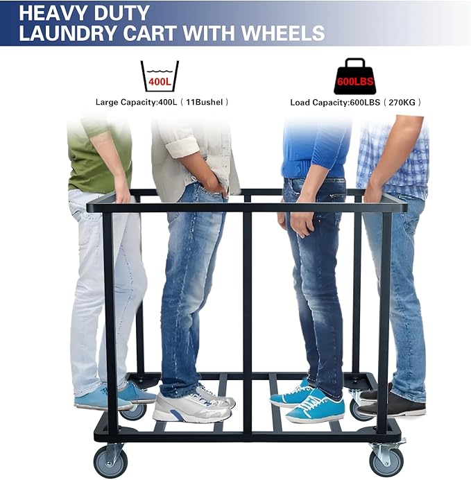 Commercial Laundry Cart with Wheels,600 lbs Industrial Laundry Cart with Steel Frame and Oxford Cloth Bag,Rolling Heavy Duty Laundry Cart with Wheels for Hotel,Housekeeping,400L(Blue)